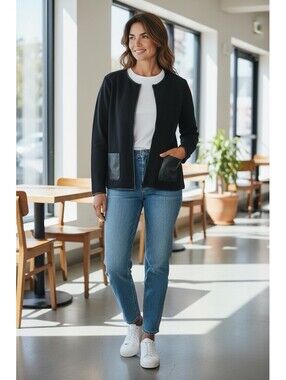 LAUREN Ralph Lauren Womens 2X Black Cardigan Knit Sweater Zip Front Faux Leather